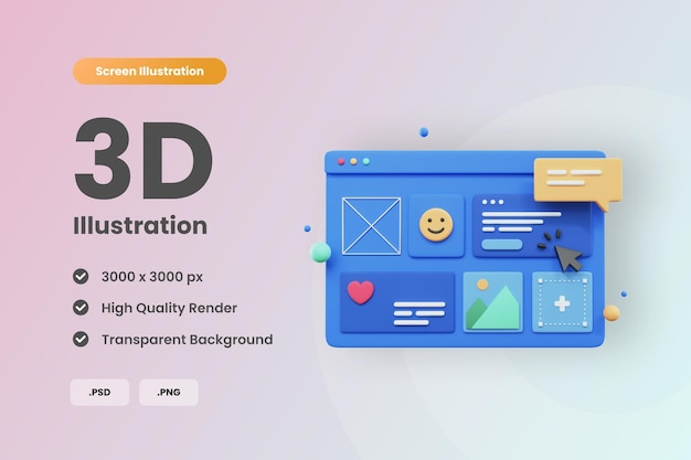 PSD a web page with a blue and pink background that says 3d illustration.