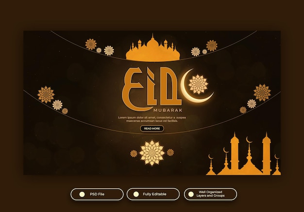 Una pagina web con l'immagine di uno sfondo nero e oro e l'immagine di una moschea e uno striscione con scritto eid.