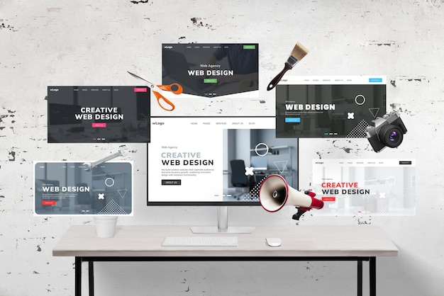 web pages flying around a web designers desk and computer display featuring an agency web page pres