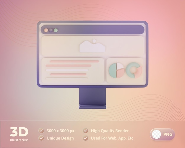 PSD webdesign icoon met monitor desktop 3d illustratie