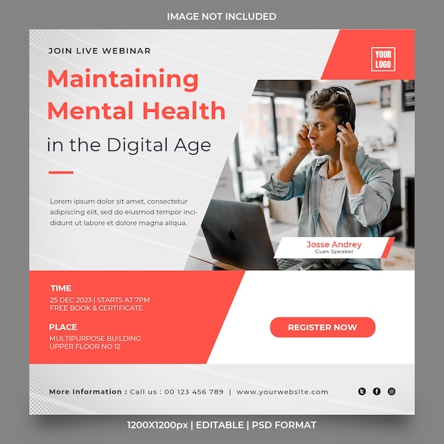 PSD webinar design taking care of digital age mental health banner design or social media post template