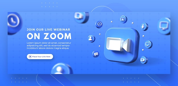 Promozione della pagina webinar con logo zoom rendering 3d per il modello di copertina di facebook