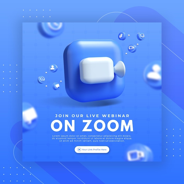 Webinar-paginapromotie met 3d render zoom-logo voor instagram postsjabloon