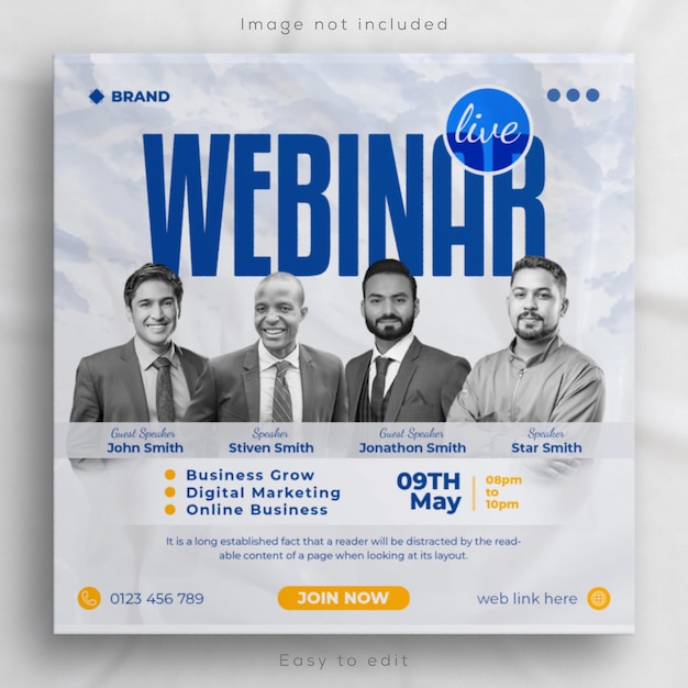 PSD webinar poster, social media promotional post, and online live  business conference instagram post template design.