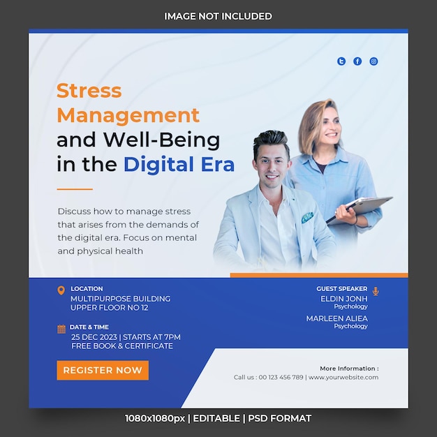 Webinar stress management and well being in the digital era banner social media template