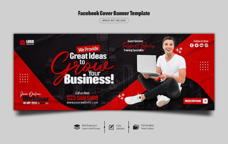 PSD webinarium na żywo z marketingu cyfrowego i szablon banera na okładkę na facebooku premium psd