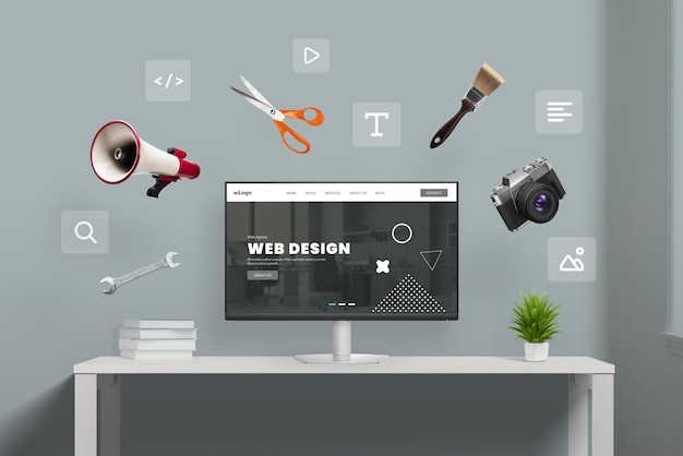 Webontwerpstudio mockup met vliegende hulpmiddelen en webpagina-icons rond het computerscherm