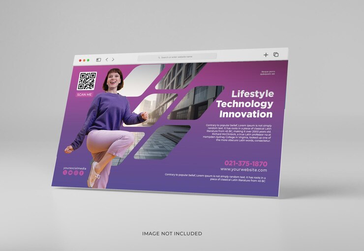 PSD website banner van een vrouw met de woorden lifestyle technologie innovatie