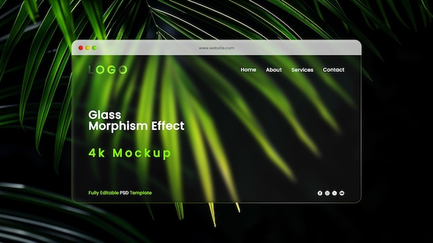 Mockup di pagina del sito web con effetti di morfismo di vetro ghiacciato e foglie di palma verdi sullo sfondo scuro
