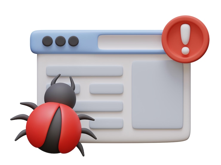 PSD website with error and bug cyper security 3d render illustration