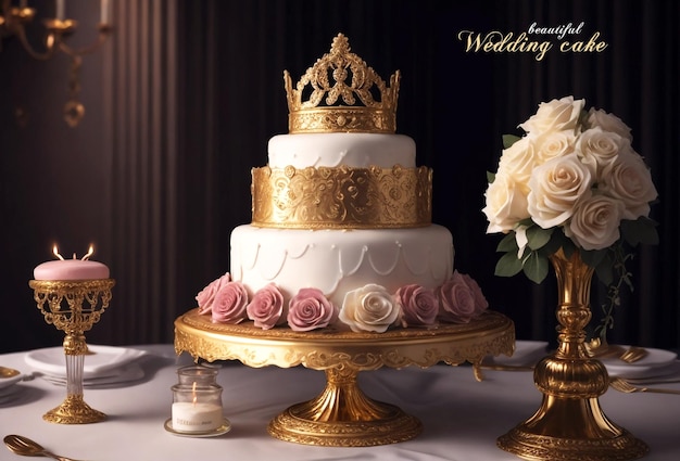 PSD wedding cake candles roses icing and a gold crown on the table with a nice background