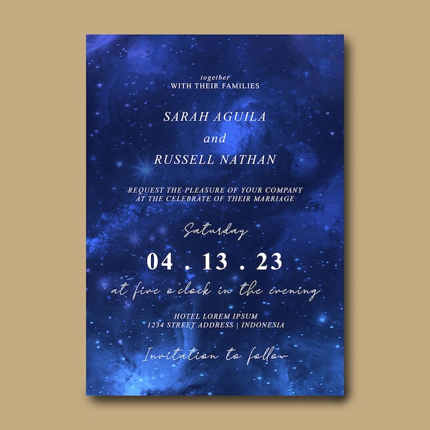 PSD wedding card on blue sky background with stars