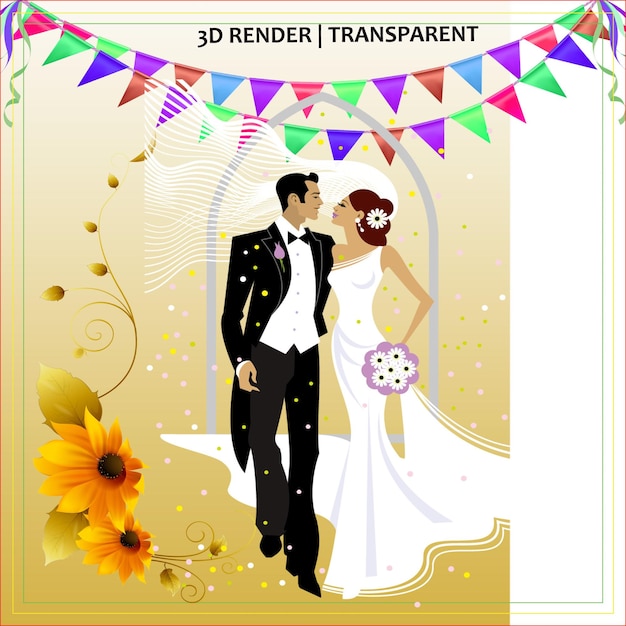 結婚式のカップルのポートレート。幸せなカップルのためのエレガントなウェディングカードとフローラルの喜びとフローラル