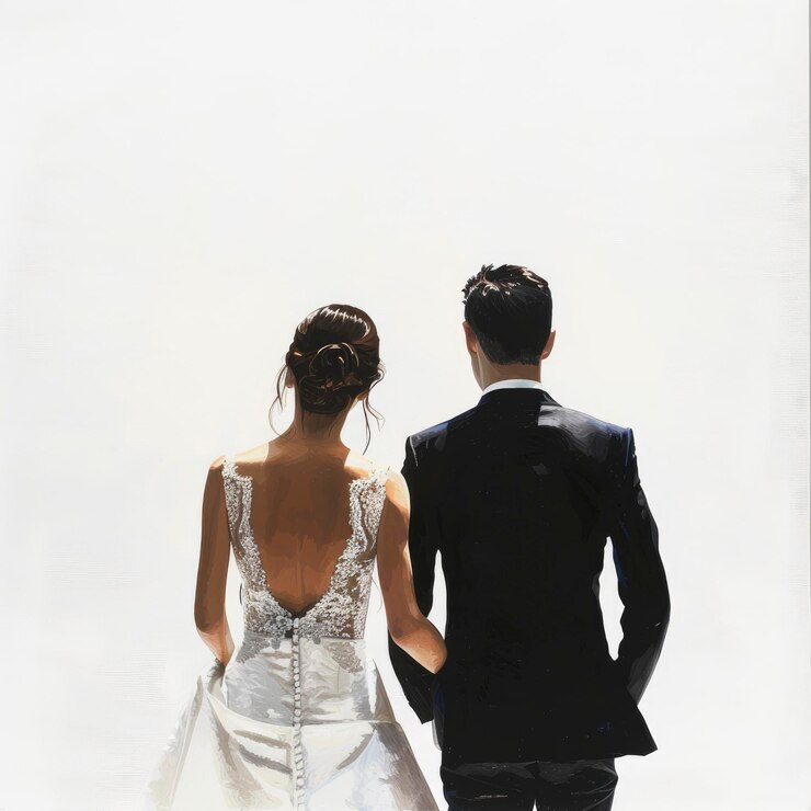 PSD a wedding couple stands their backs to the viewer their silhouettes
