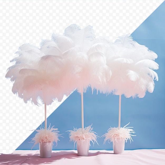 PSD wedding decorations with white ostrich feathers in three vases against a transparent background