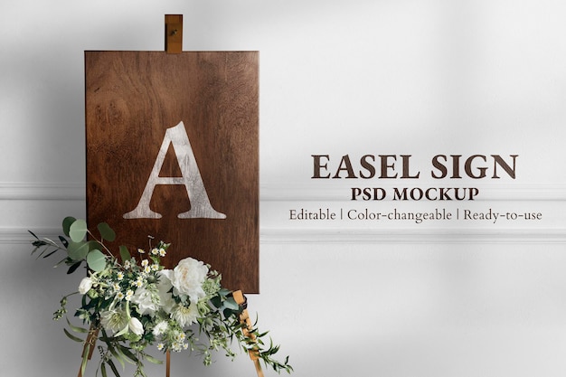 PSD wedding easel sign mockup psd in wooden texture with flowers