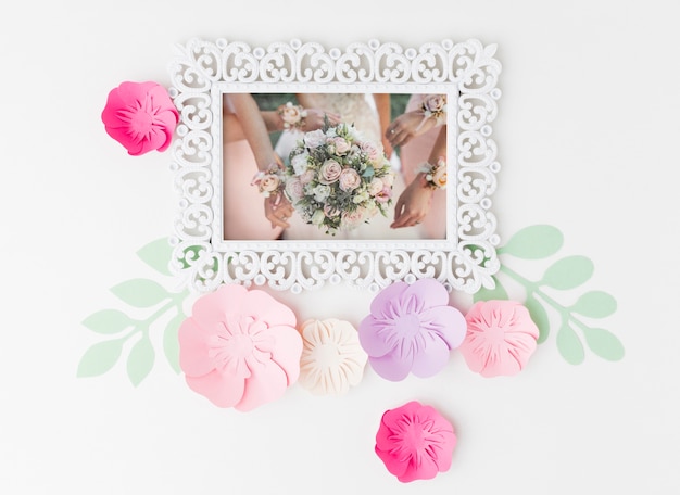 Wedding frame mock-up with paper flowers