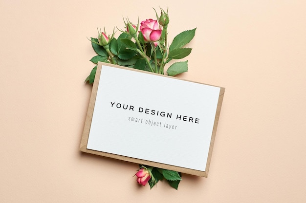 Wedding greeting card mockup with envelope and roses flowers