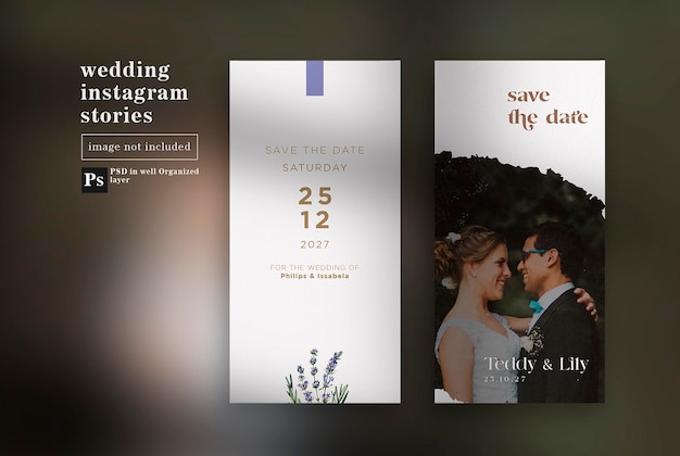 PSD wedding instagram stories and banner with green leaves watercolors template