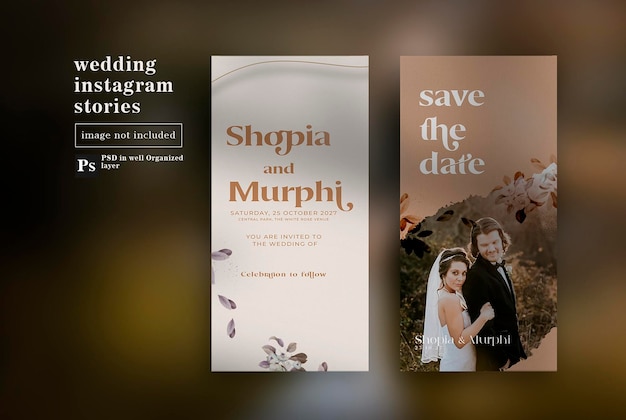 PSD wedding instagram stories and banner with green leaves watercolors