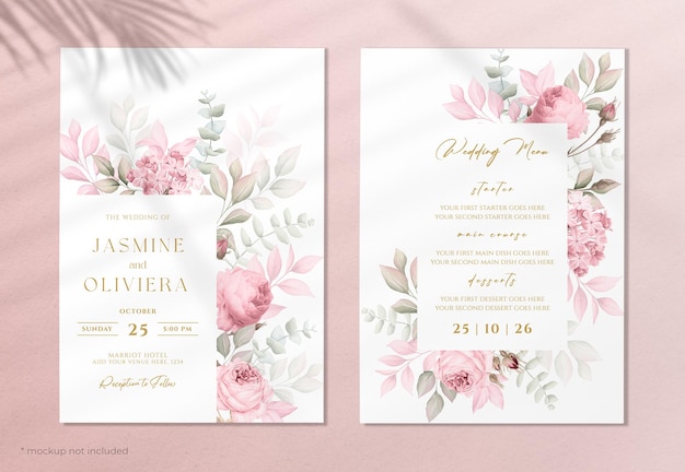 PSD Приглашение на свадьбу и шаблон меню с красивым украшением из роз и листьев