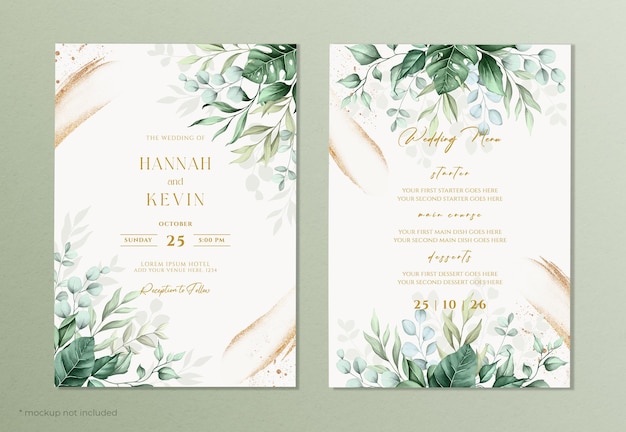 PSD 金のブラシと葉の装飾が施された結婚式の招待状とメニュー テンプレート