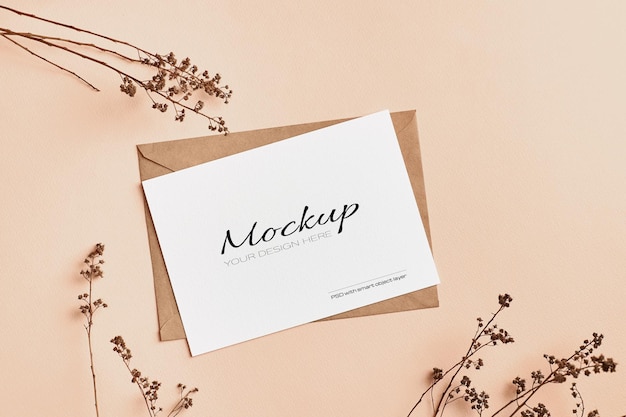 Wedding invitation card mockup with dry nature plants twigs decorations