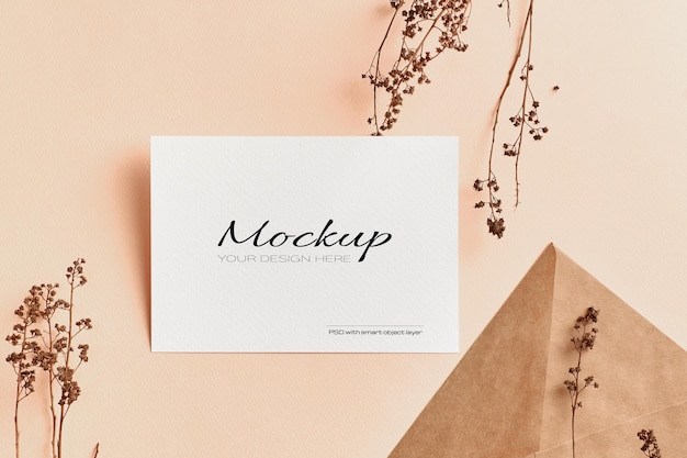 Wedding invitation card mockup with dry nature plants twigs decorations
