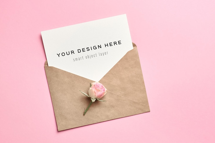PSD wedding invitation card mockup with envelope on pink paper background