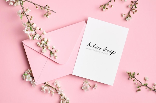 PSD wedding invitation card mockup with envelope and spring tree twigs with flowers