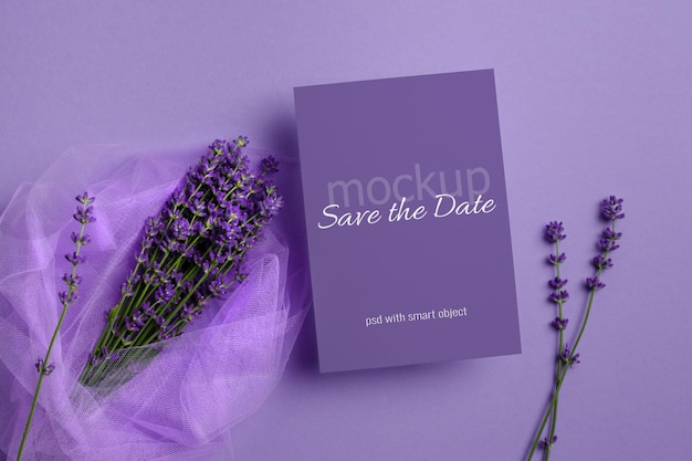Wedding invitation card mockup with fresh lavender flowers bouquet