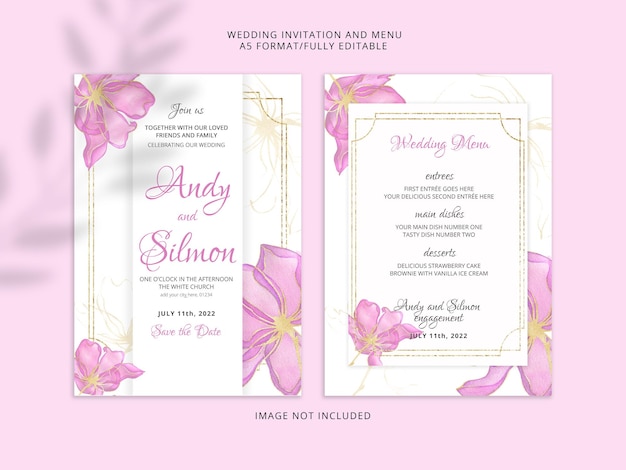 Wedding invitation card of pink watercolour flowers premium psd