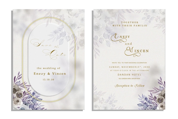 Wedding invitation card set template design with watercolor greenery leaf and branch psd