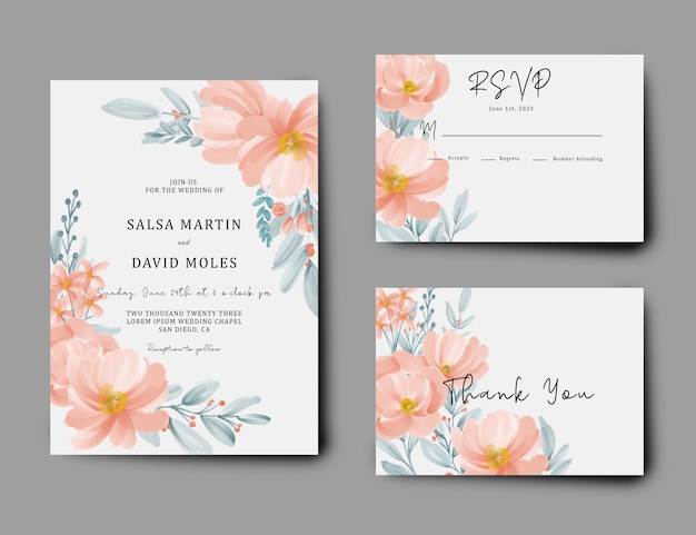 wedding invitation card set with beautiful watercolor flowers