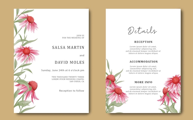 水彩花柄の背景カードの詳細が設定された結婚式の招待カード