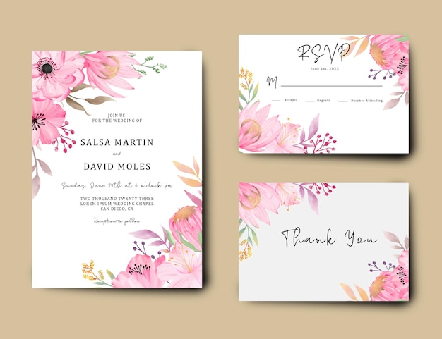 PSD wedding invitation card set with watercolor pink flowers