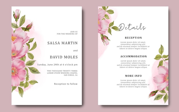 Wedding invitation card template and details card with watercolor roses