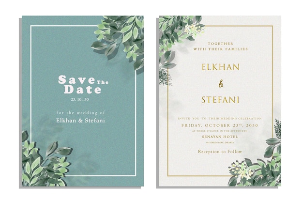 wedding invitation card template set with green rose bouquet wreath leave watercolor painting  psd