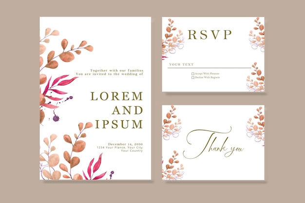 wedding invitation card template set with greenery flower and leaves psd