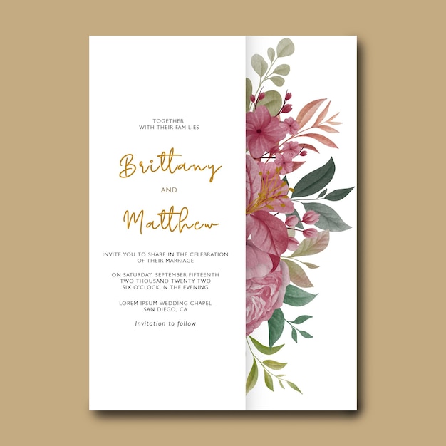 Wedding invitation card template set with watercolor bouquet of roses