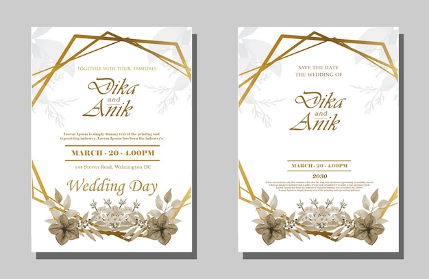 PSD wedding invitation card template set with white rose bouquet wreath leave watercolor painting psd