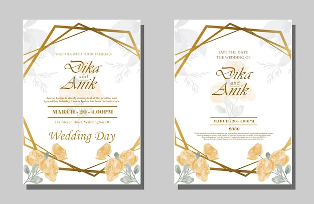Wedding invitation card template set with white rose bouquet wreath leave watercolor painting psd