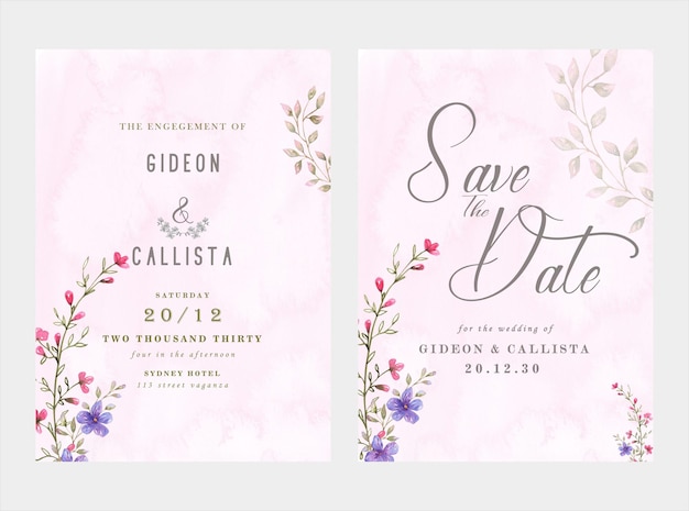 wedding invitation card template set with white rose bouquet wreath leave watercolor painting psd