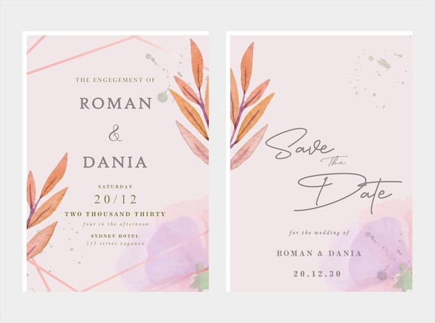 Wedding invitation card template set with white rose bouquet wreath leave watercolor painting psd