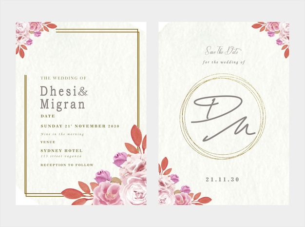 wedding invitation card template set with white rose bouquet wreath leave watercolor painting psd