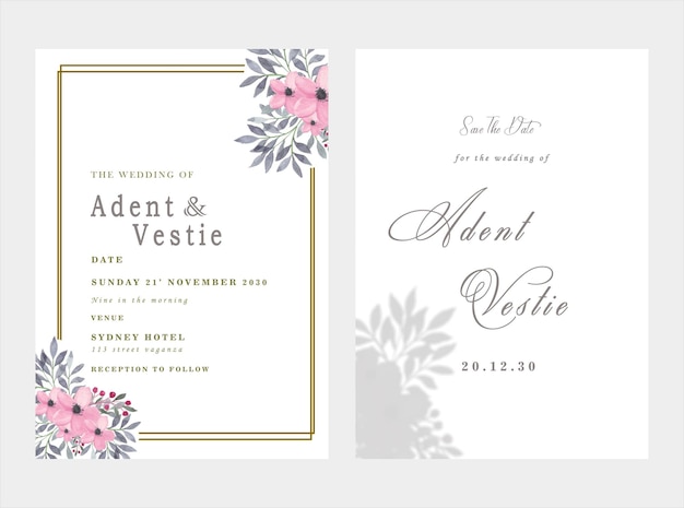 wedding invitation card template set with white rose bouquet wreath leave watercolor painting psd