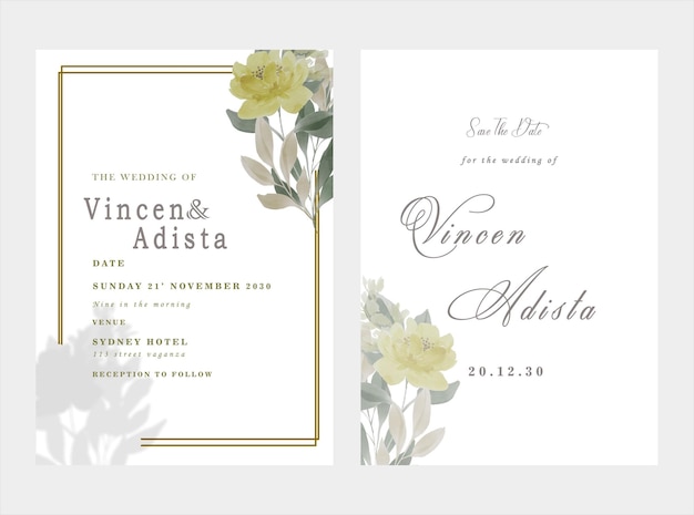 Wedding invitation card template set with white rose bouquet wreath leave watercolor painting psd