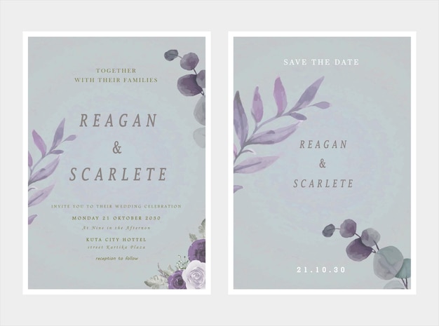 wedding invitation card template set with white rose bouquet wreath leave watercolor painting psd