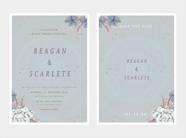 PSD wedding invitation card template set with white rose bouquet wreath leave watercolor painting psd