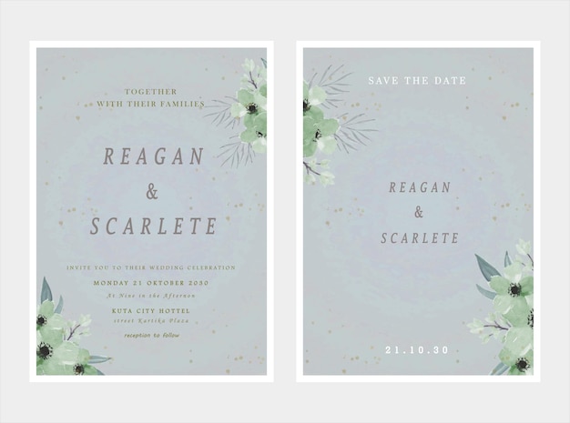 PSD wedding invitation card template set with white rose bouquet wreath leave watercolor painting psd